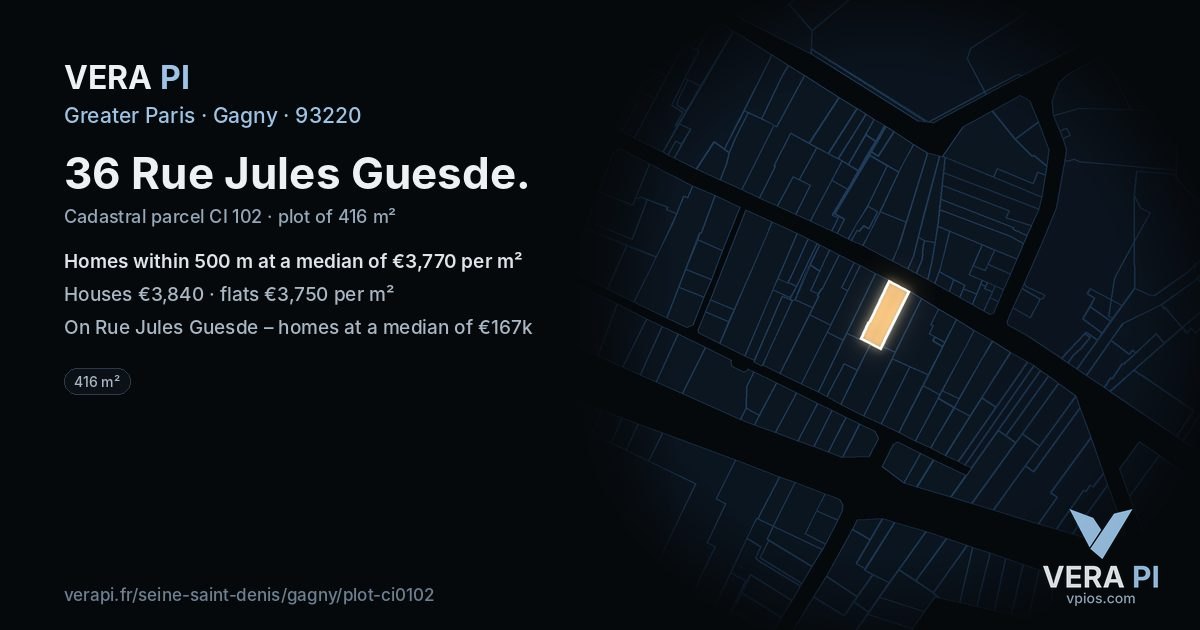 36 Rue Jules Guesde, Gagny at night – the plot lit, the parcels around coloured by the prices near them