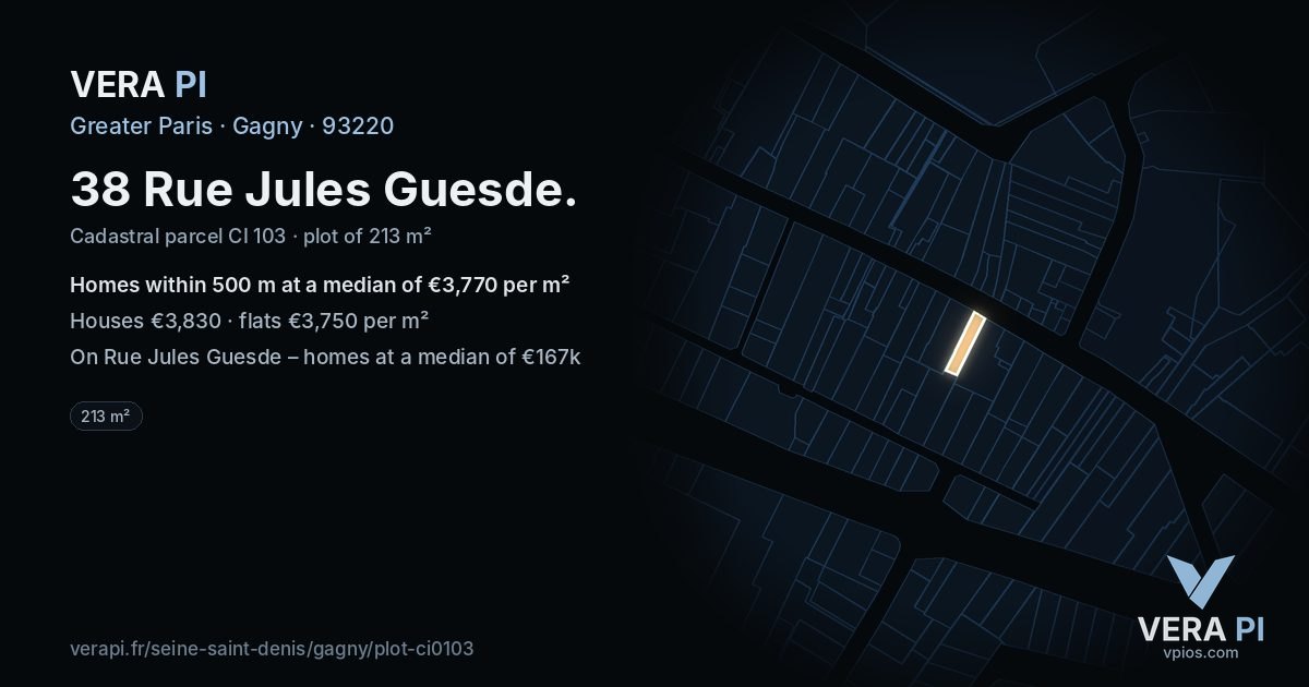 38 Rue Jules Guesde, Gagny at night – the plot lit, the parcels around coloured by the prices near them