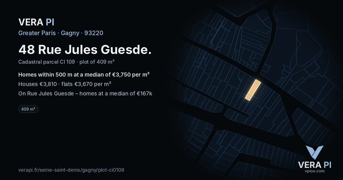 48 Rue Jules Guesde, Gagny at night – the plot lit, the parcels around coloured by the prices near them