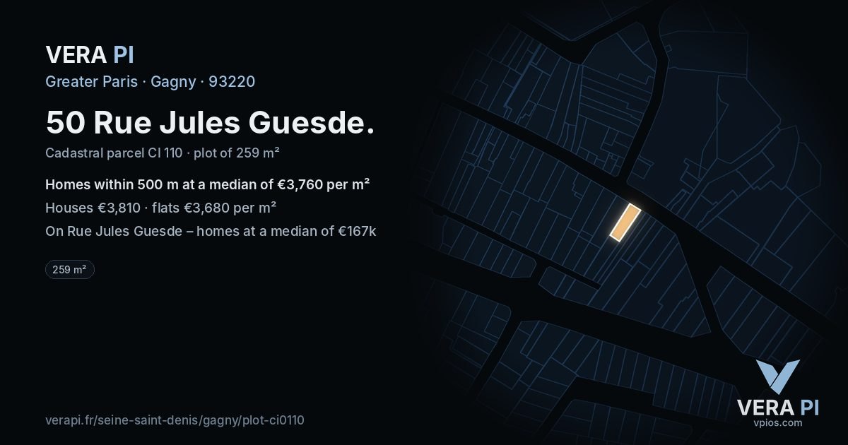 50 Rue Jules Guesde, Gagny at night – the plot lit, the parcels around coloured by the prices near them
