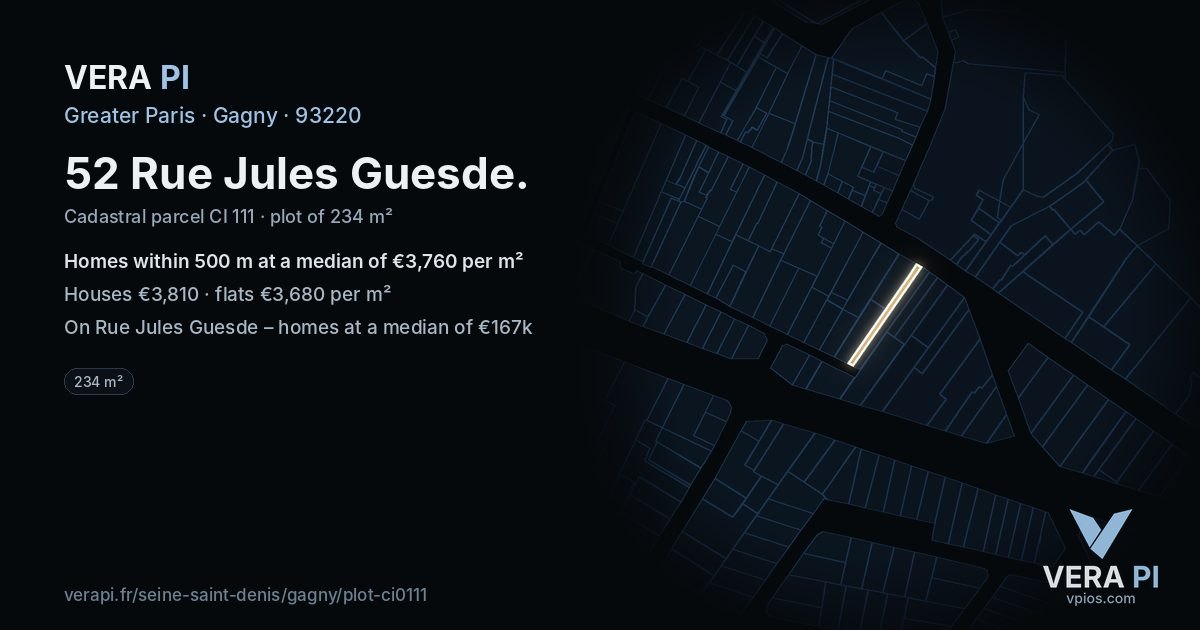 52 Rue Jules Guesde, Gagny at night – the plot lit, the parcels around coloured by the prices near them