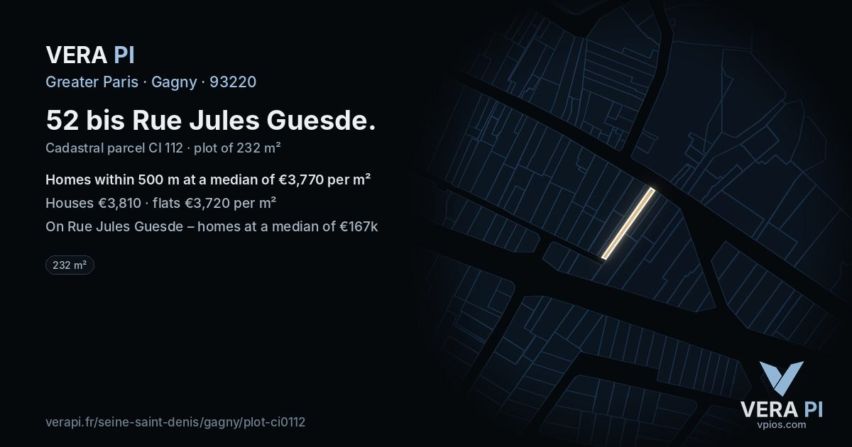 52 bis Rue Jules Guesde, Gagny at night – the plot lit, the parcels around coloured by the prices near them
