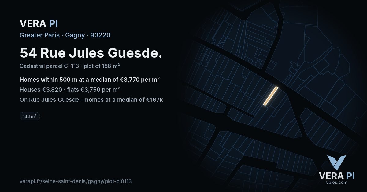 54 Rue Jules Guesde, Gagny at night – the plot lit, the parcels around coloured by the prices near them