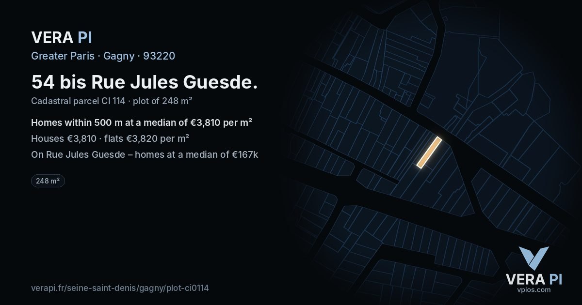 54 bis Rue Jules Guesde, Gagny at night – the plot lit, the parcels around coloured by the prices near them