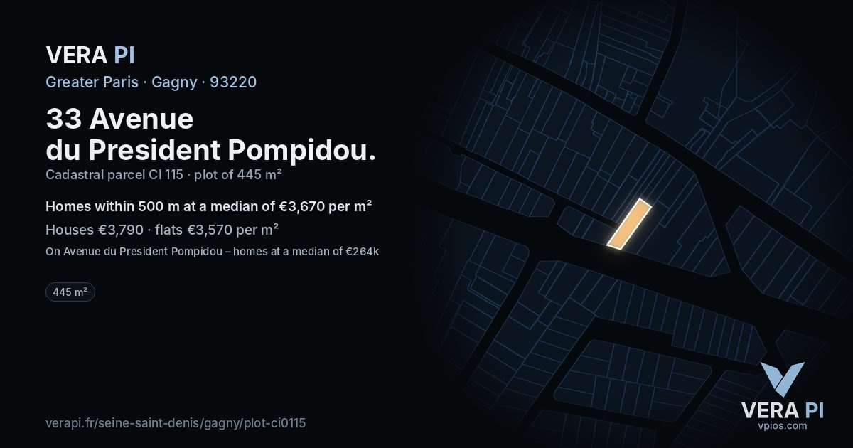 33 Avenue du President Pompidou, Gagny at night – the plot lit, the parcels around coloured by the prices near them