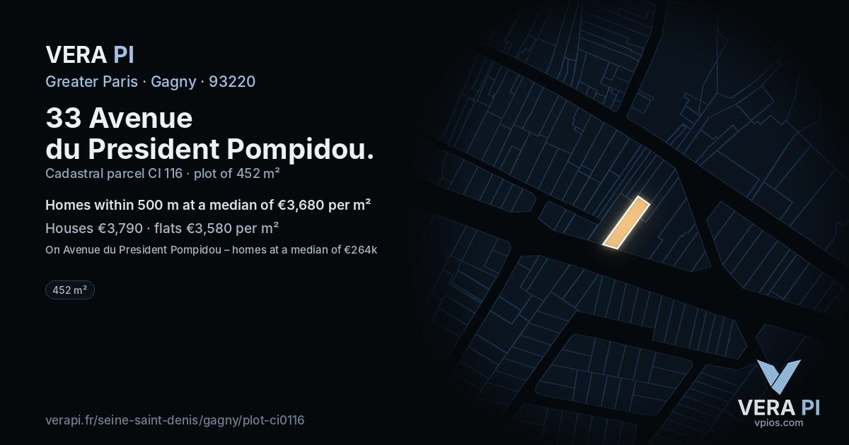 33 Avenue du President Pompidou, Gagny at night – the plot lit, the parcels around coloured by the prices near them