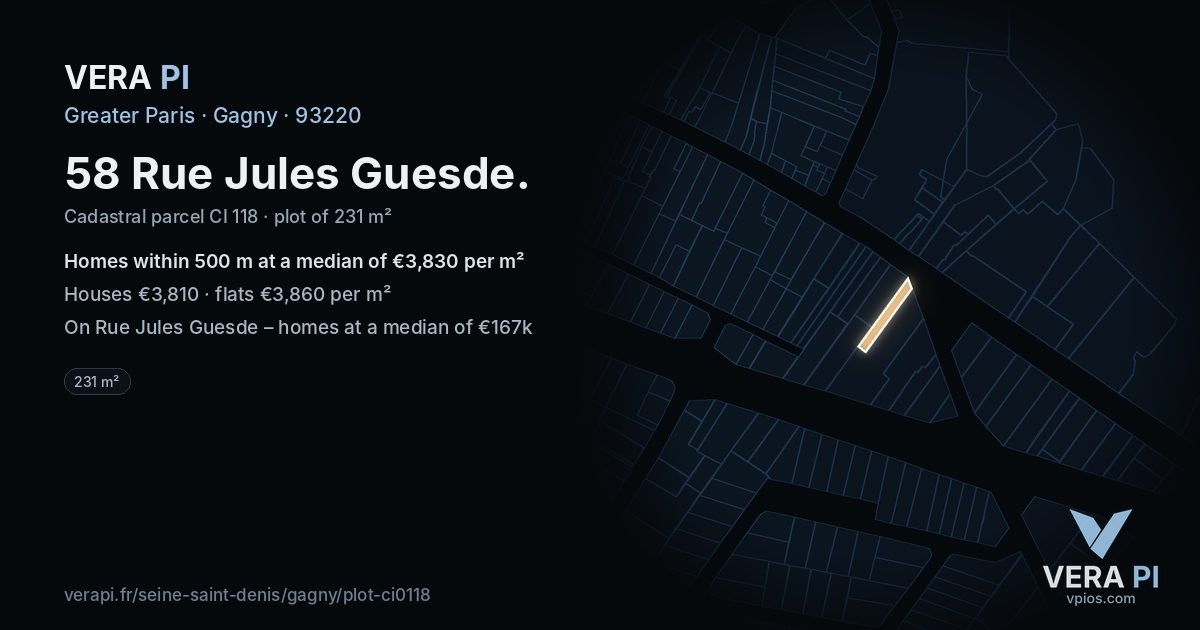 58 Rue Jules Guesde, Gagny at night – the plot lit, the parcels around coloured by the prices near them
