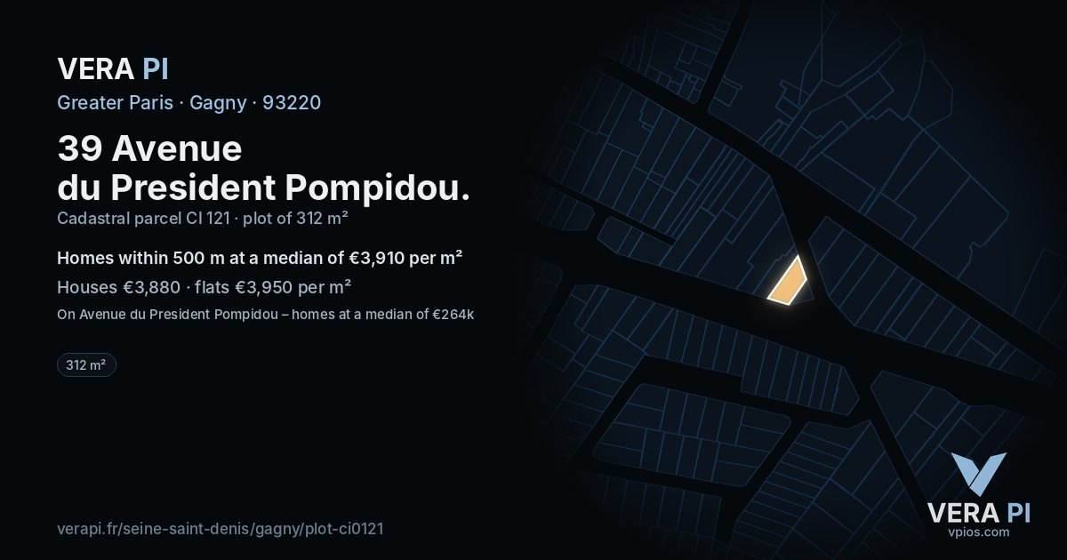 39 Avenue du President Pompidou, Gagny at night – the plot lit, the parcels around coloured by the prices near them