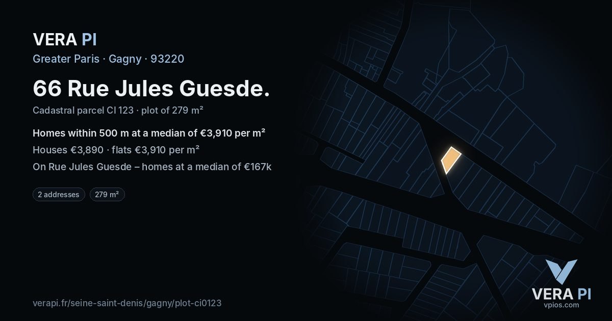66 Rue Jules Guesde, Gagny at night – the plot lit, the parcels around coloured by the prices near them