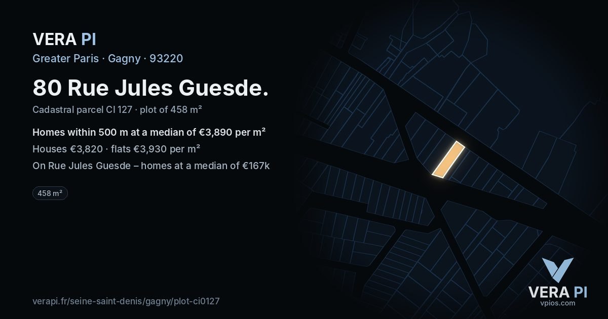 80 Rue Jules Guesde, Gagny at night – the plot lit, the parcels around coloured by the prices near them