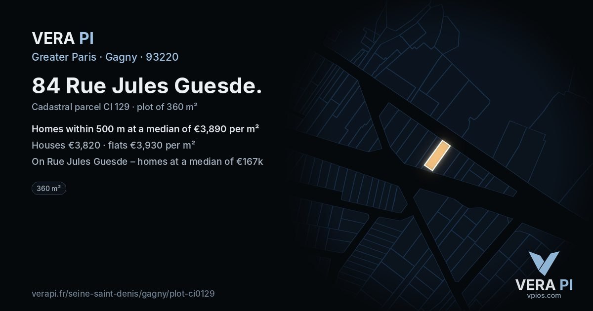 84 Rue Jules Guesde, Gagny at night – the plot lit, the parcels around coloured by the prices near them