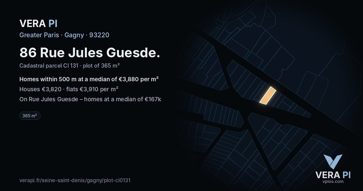 86 Rue Jules Guesde, Gagny at night – the plot lit, the parcels around coloured by the prices near them