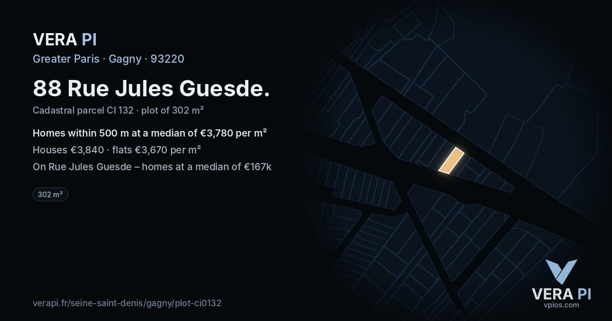 88 Rue Jules Guesde, Gagny at night – the plot lit, the parcels around coloured by the prices near them