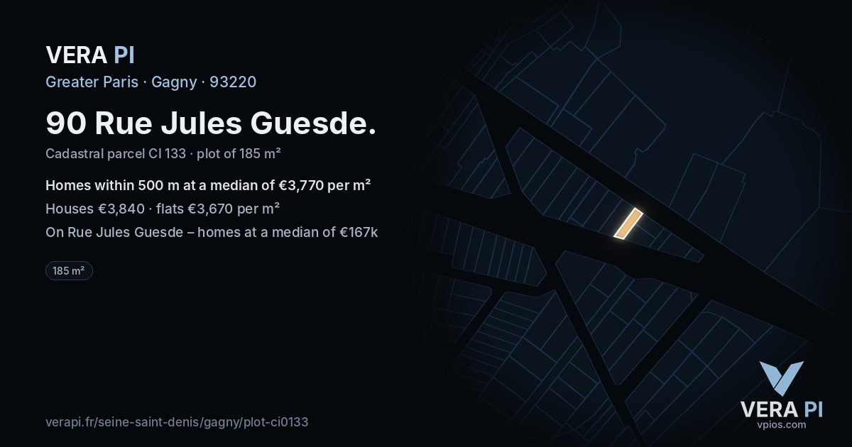90 Rue Jules Guesde, Gagny at night – the plot lit, the parcels around coloured by the prices near them
