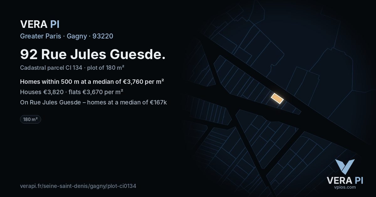 92 Rue Jules Guesde, Gagny at night – the plot lit, the parcels around coloured by the prices near them