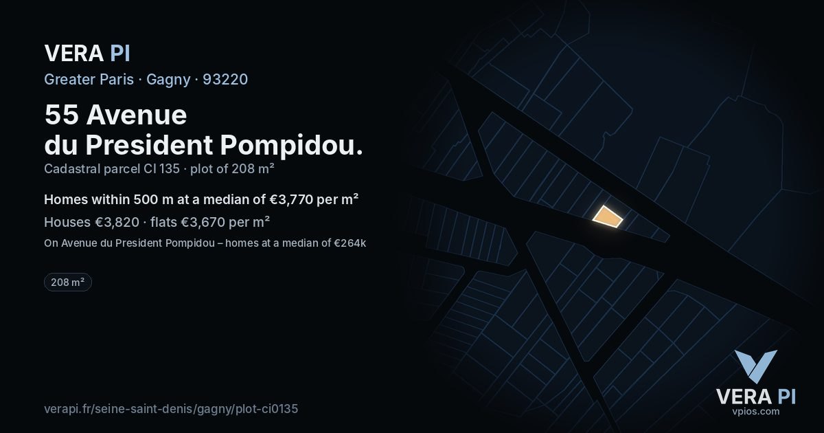 55 Avenue du President Pompidou, Gagny at night – the plot lit, the parcels around coloured by the prices near them