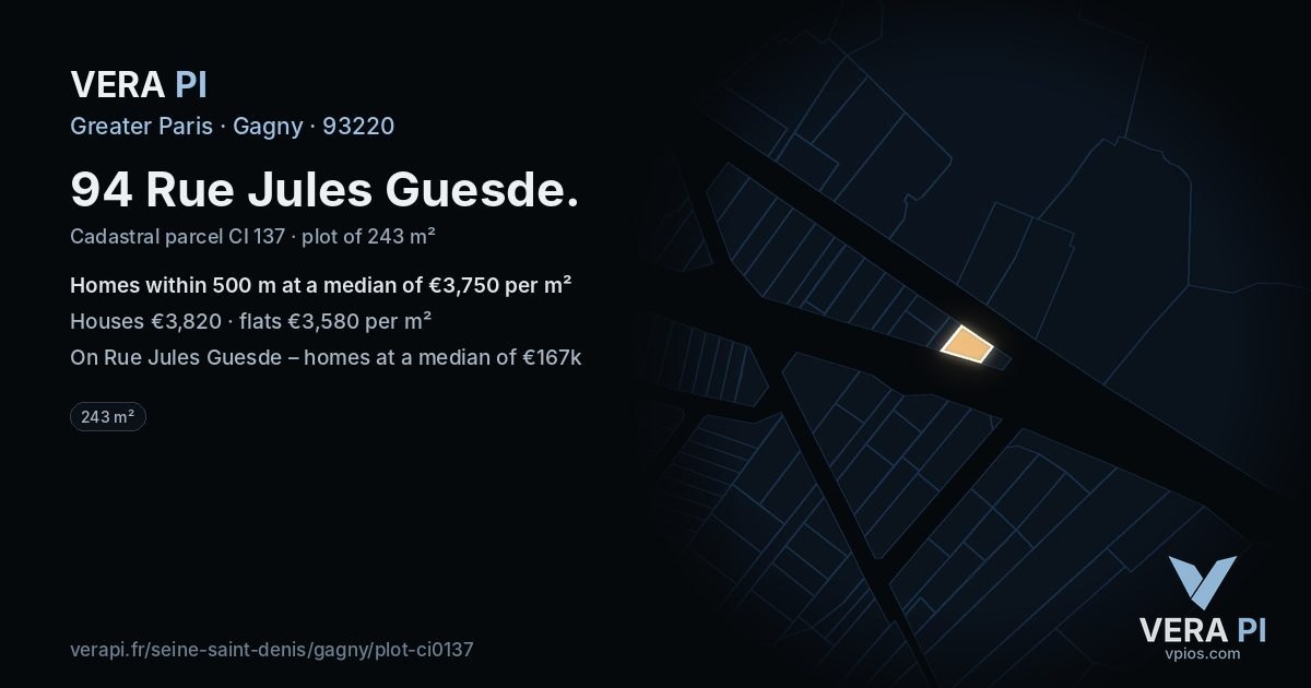 94 Rue Jules Guesde, Gagny at night – the plot lit, the parcels around coloured by the prices near them