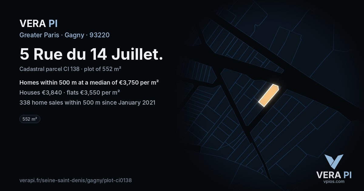 5 Rue du 14 Juillet, Gagny at night – the plot lit, the parcels around coloured by the prices near them