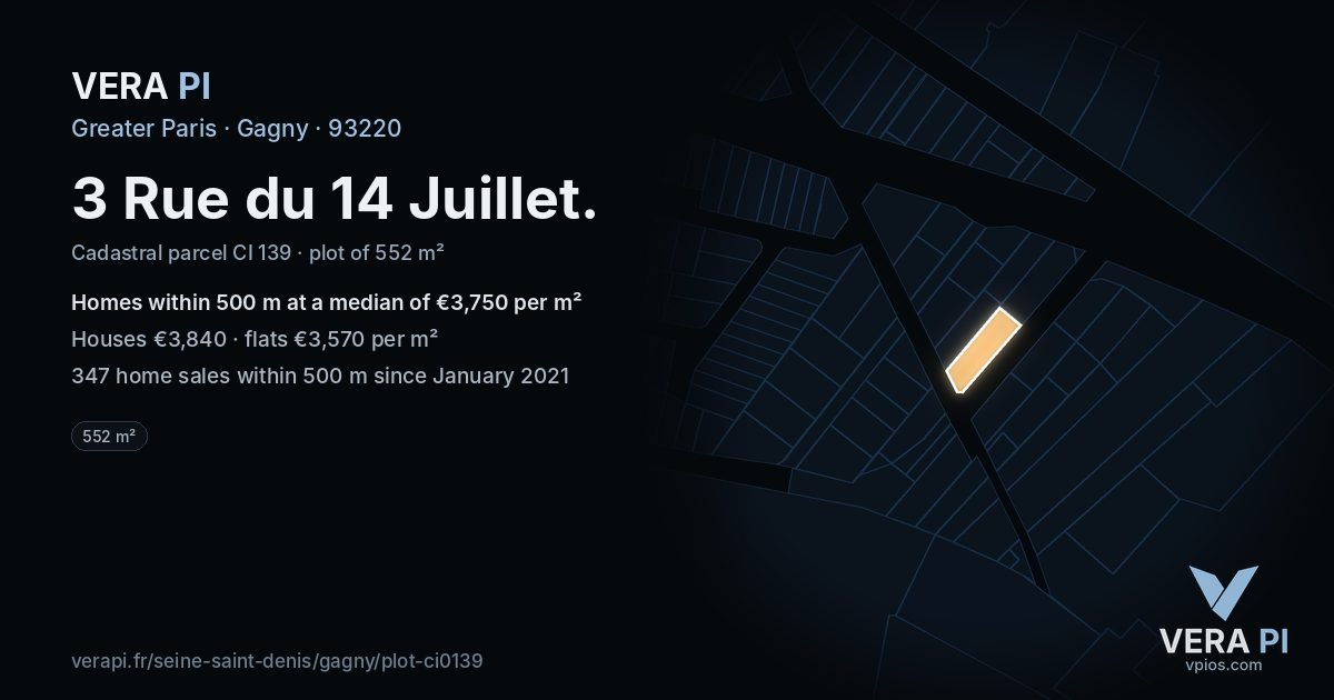 3 Rue du 14 Juillet, Gagny at night – the plot lit, the parcels around coloured by the prices near them