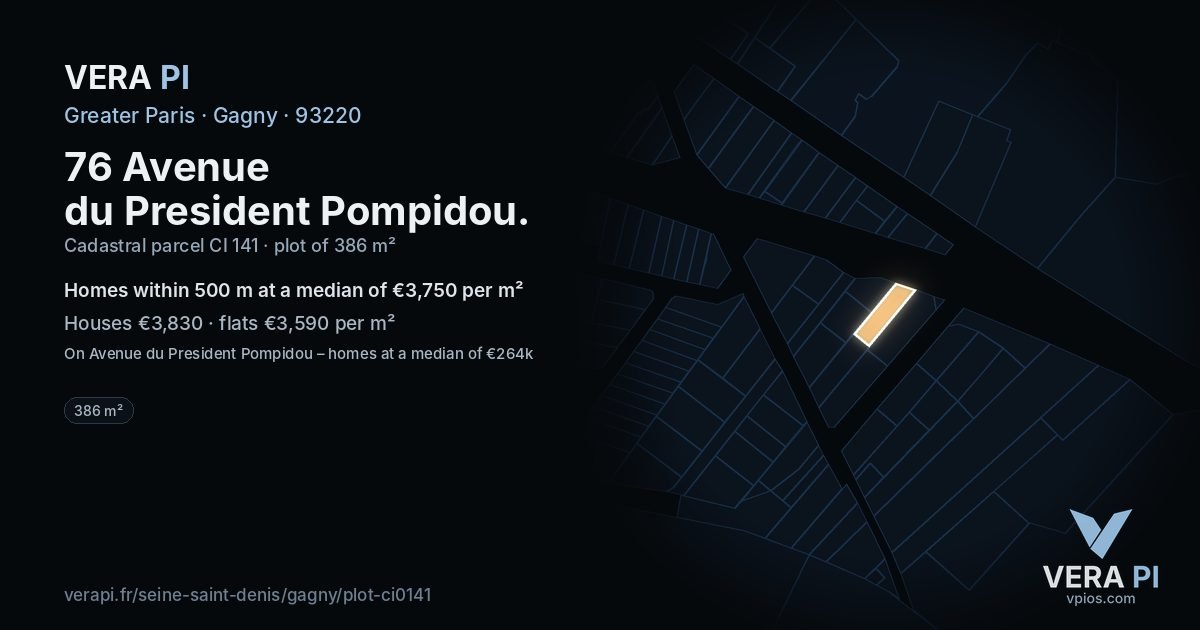76 Avenue du President Pompidou, Gagny at night – the plot lit, the parcels around coloured by the prices near them