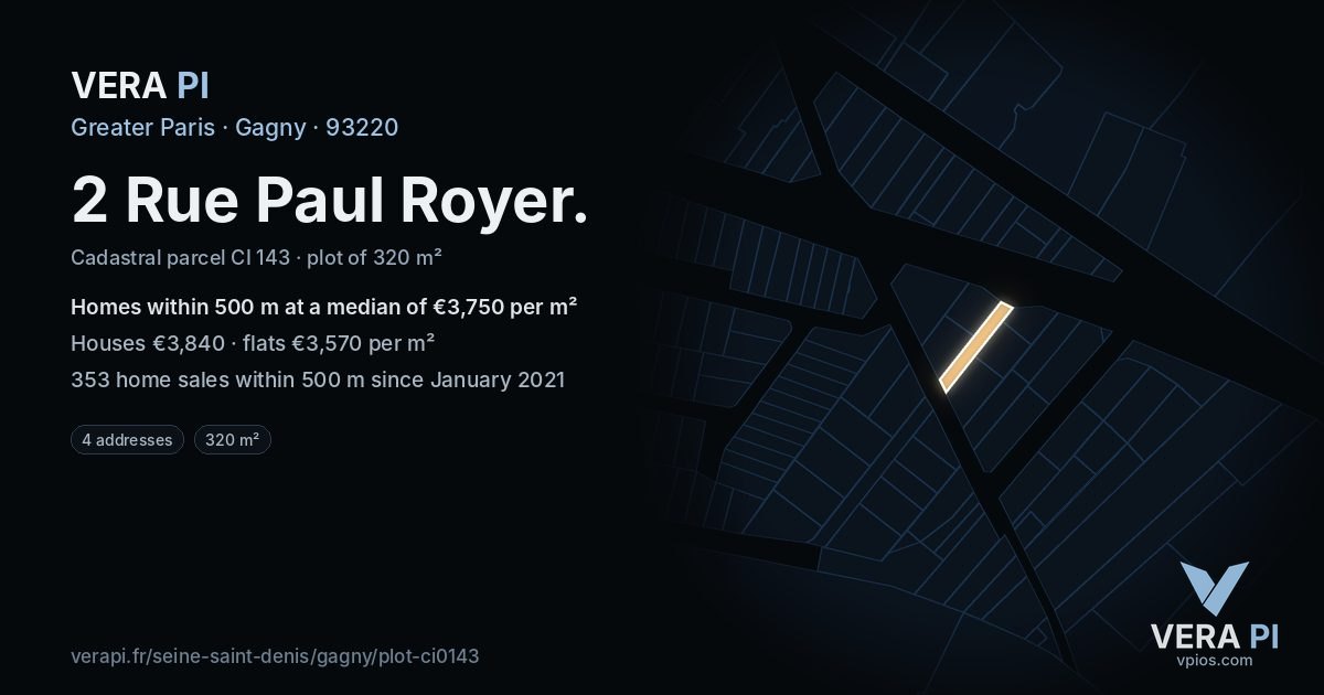 2 Rue Paul Royer, Gagny at night – the plot lit, the parcels around coloured by the prices near them