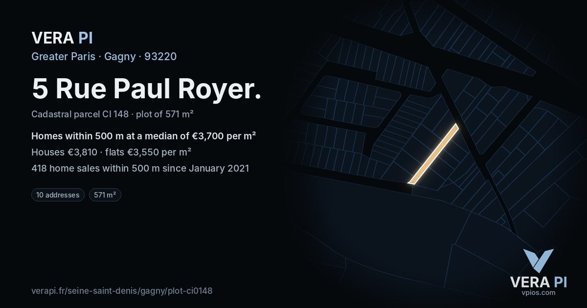 5 Rue Paul Royer, Gagny at night – the plot lit, the parcels around coloured by the prices near them