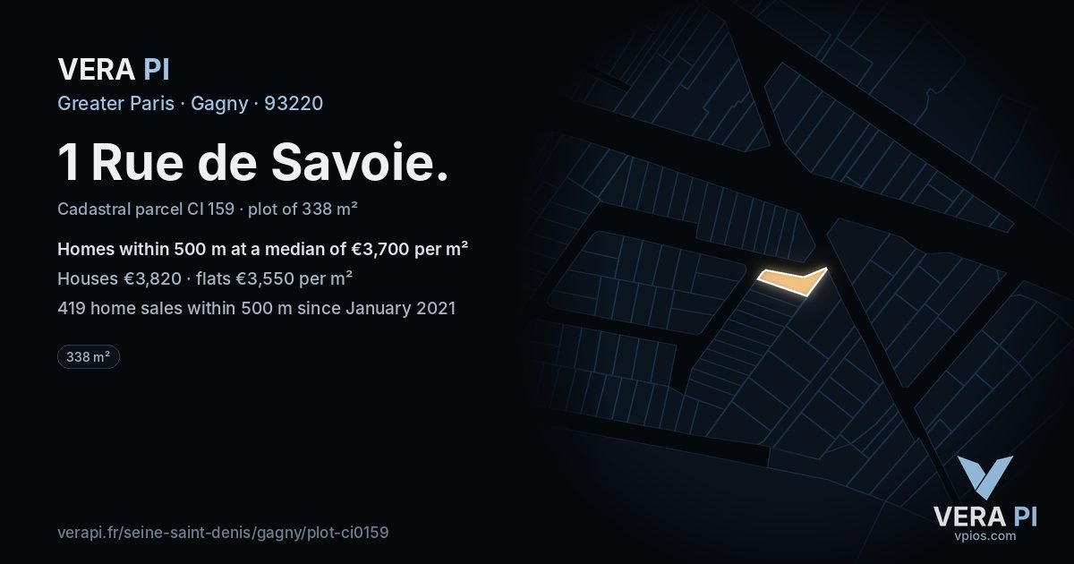 1 Rue de Savoie, Gagny at night – the plot lit, the parcels around coloured by the prices near them