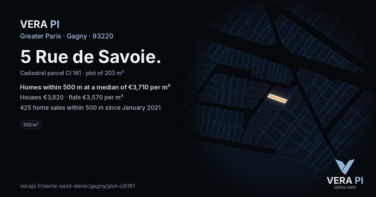 5 Rue de Savoie, Gagny at night – the plot lit, the parcels around coloured by the prices near them