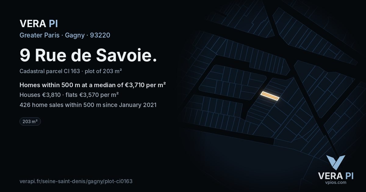 9 Rue de Savoie, Gagny at night – the plot lit, the parcels around coloured by the prices near them