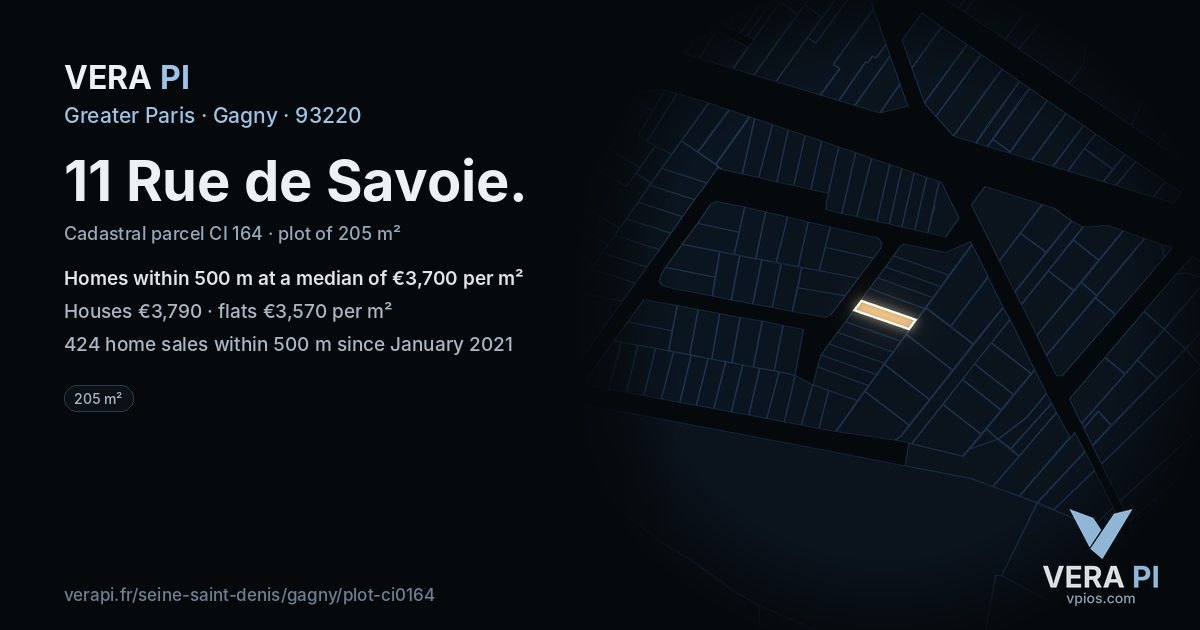 11 Rue de Savoie, Gagny at night – the plot lit, the parcels around coloured by the prices near them