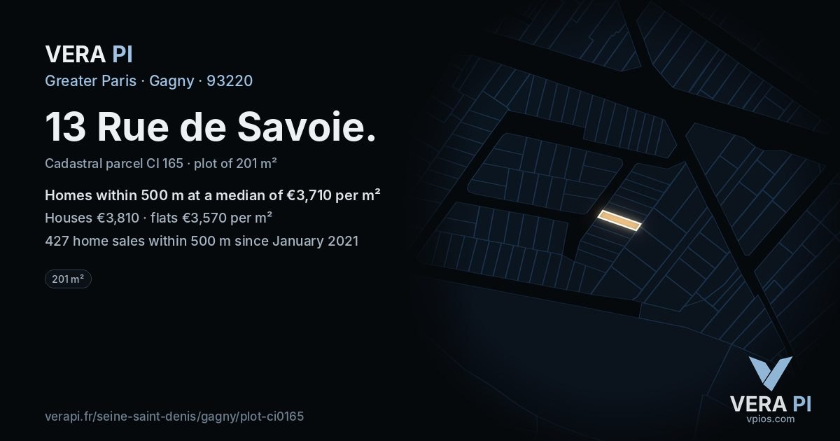 13 Rue de Savoie, Gagny at night – the plot lit, the parcels around coloured by the prices near them