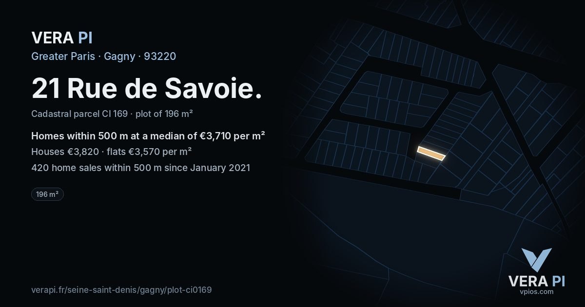 21 Rue de Savoie, Gagny at night – the plot lit, the parcels around coloured by the prices near them
