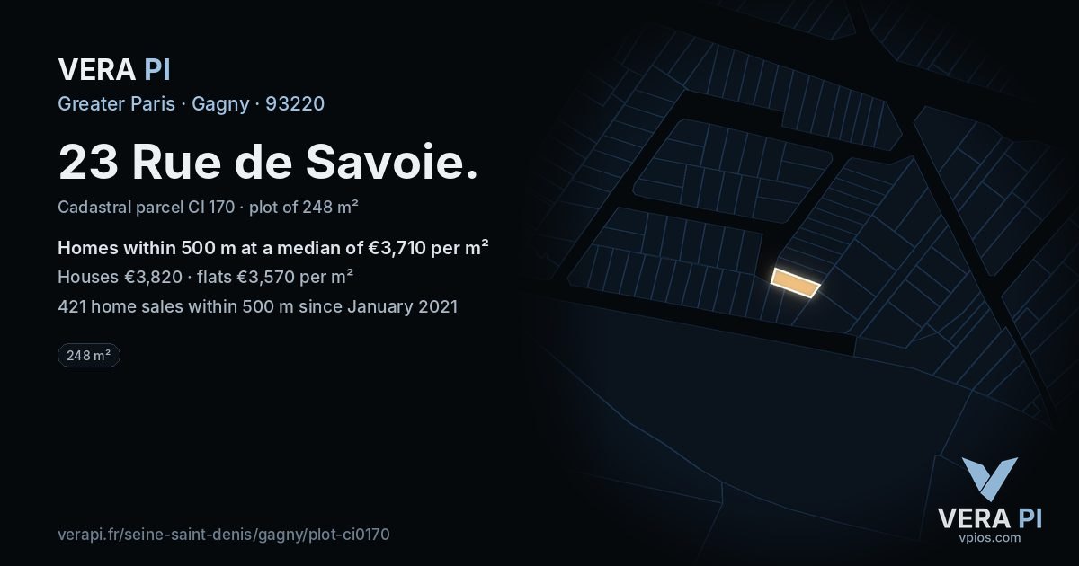 23 Rue de Savoie, Gagny at night – the plot lit, the parcels around coloured by the prices near them