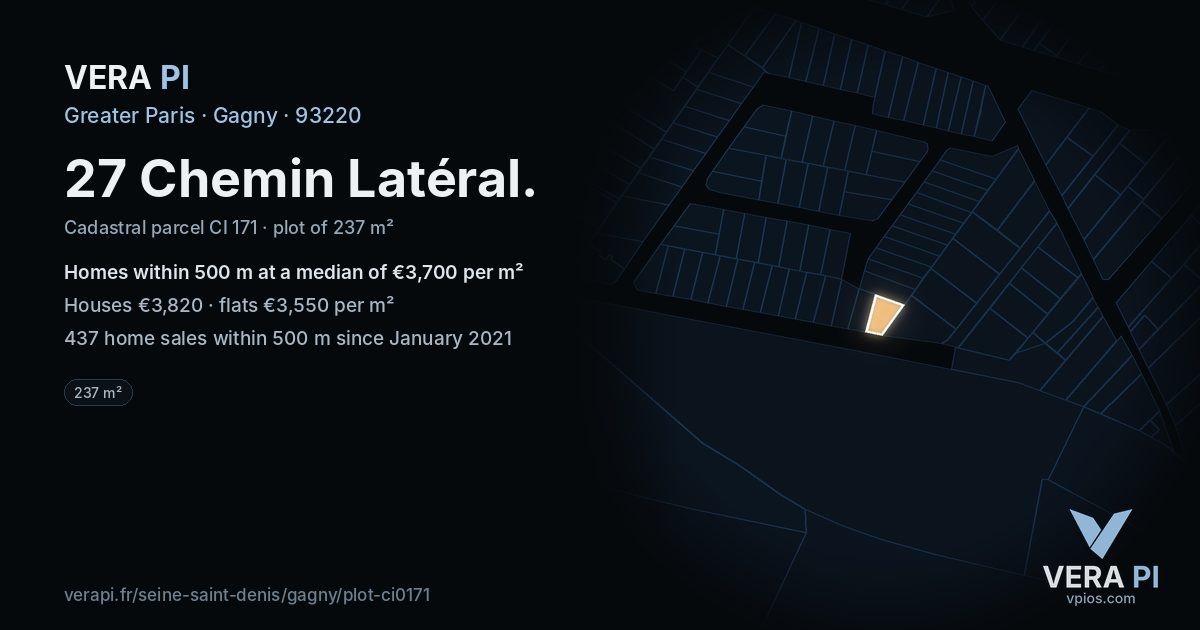 27 Chemin Latéral, Gagny at night – the plot lit, the parcels around coloured by the prices near them