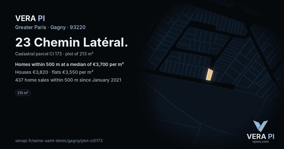 23 Chemin Latéral, Gagny at night – the plot lit, the parcels around coloured by the prices near them