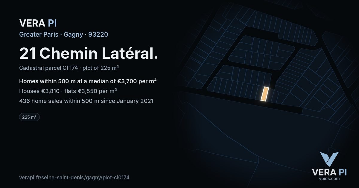 21 Chemin Latéral, Gagny at night – the plot lit, the parcels around coloured by the prices near them