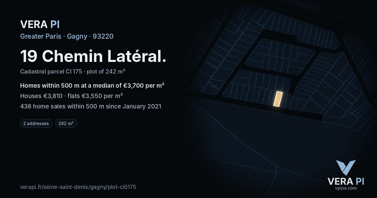 19 Chemin Latéral, Gagny at night – the plot lit, the parcels around coloured by the prices near them