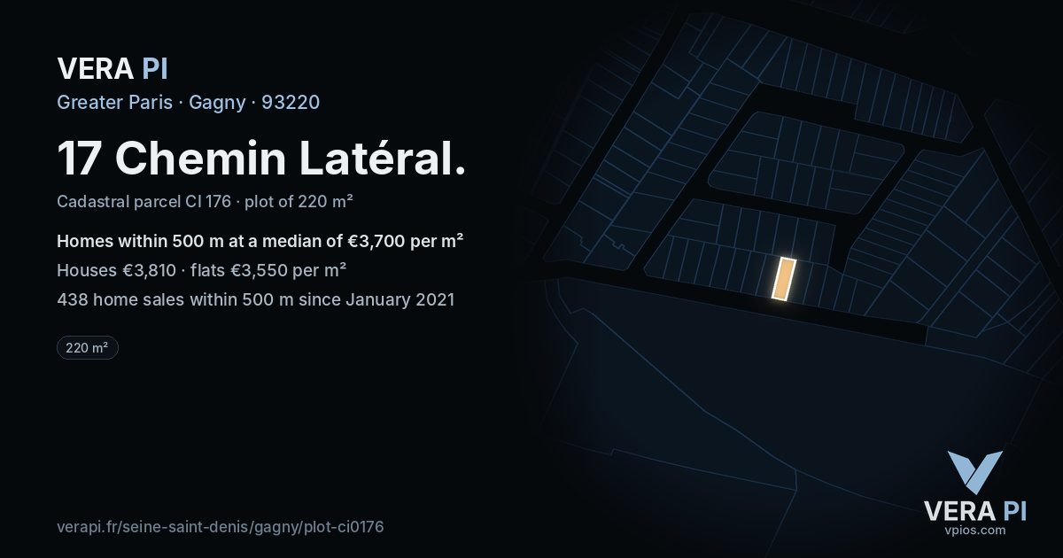 17 Chemin Latéral, Gagny at night – the plot lit, the parcels around coloured by the prices near them