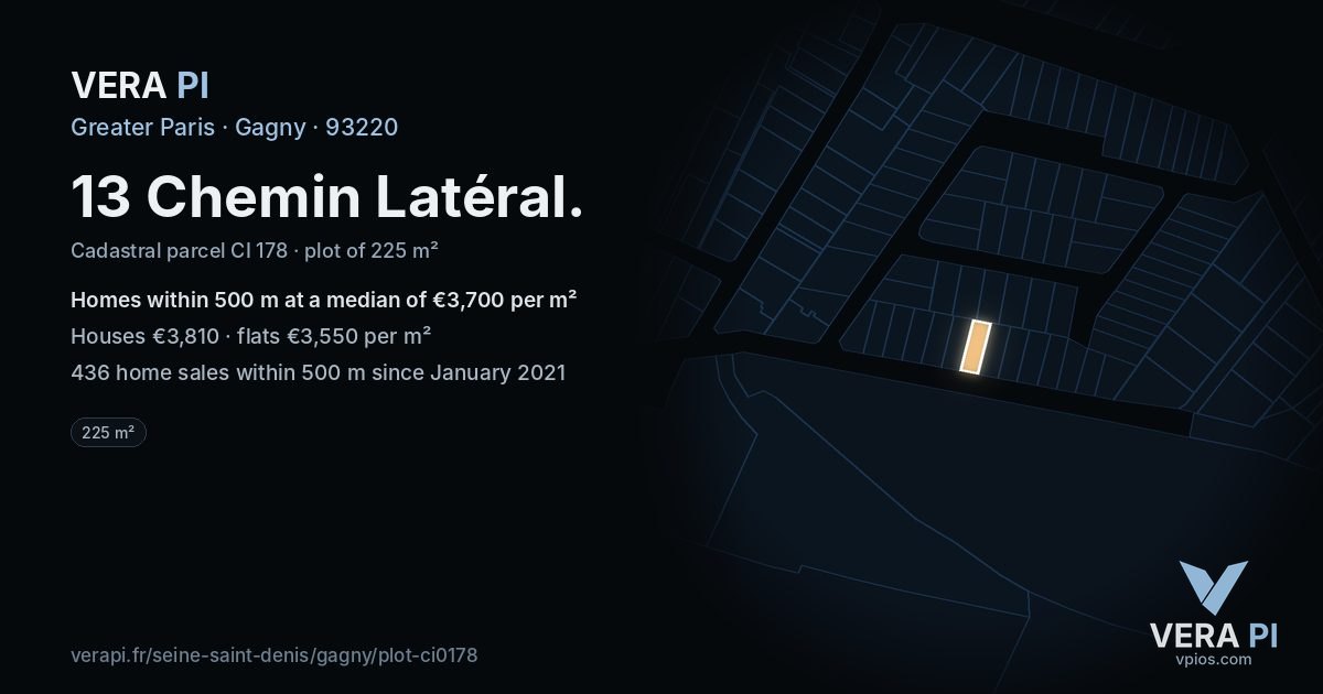13 Chemin Latéral, Gagny at night – the plot lit, the parcels around coloured by the prices near them