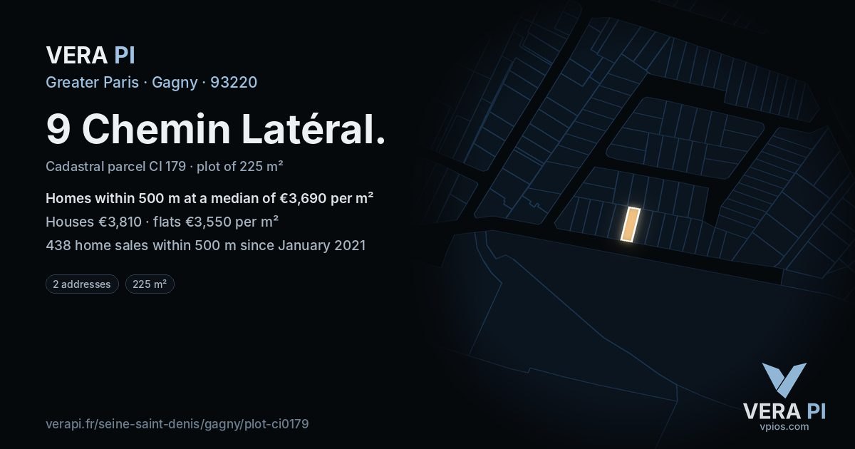 9 Chemin Latéral, Gagny at night – the plot lit, the parcels around coloured by the prices near them