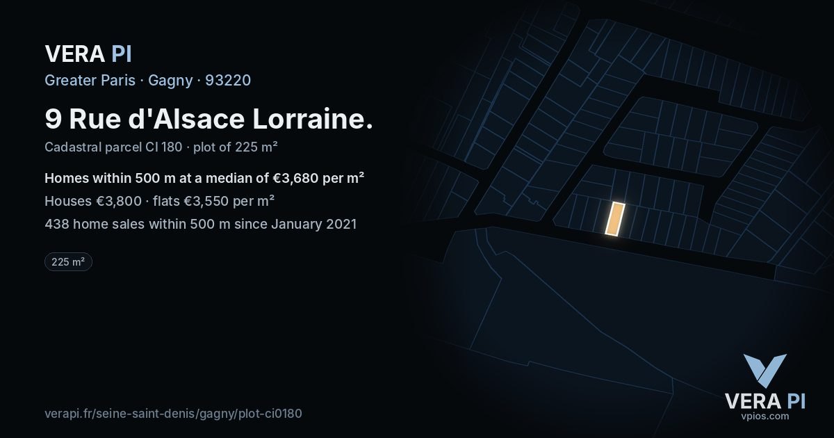 9 Rue d'Alsace Lorraine, Gagny at night – the plot lit, the parcels around coloured by the prices near them