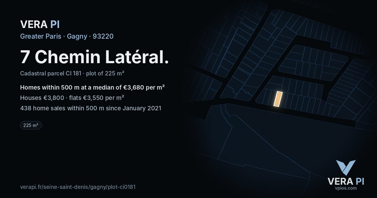 7 Chemin Latéral, Gagny at night – the plot lit, the parcels around coloured by the prices near them