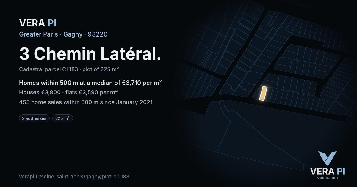 3 Chemin Latéral, Gagny at night – the plot lit, the parcels around coloured by the prices near them