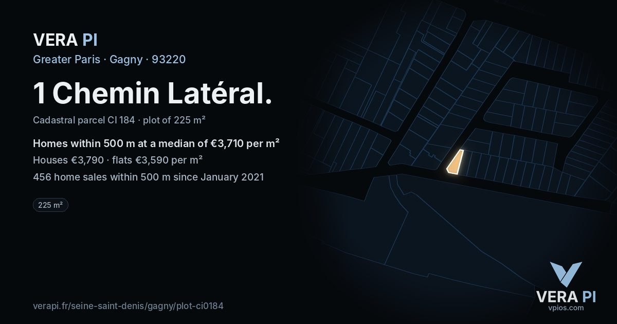 1 Chemin Latéral, Gagny at night – the plot lit, the parcels around coloured by the prices near them