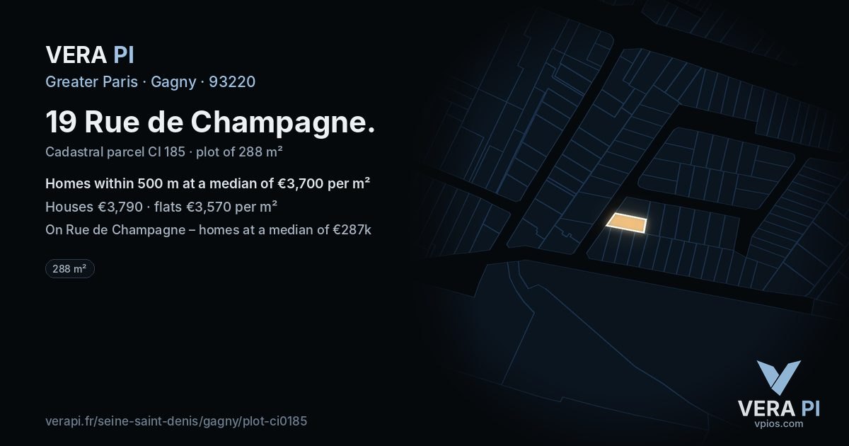 19 Rue de Champagne, Gagny at night – the plot lit, the parcels around coloured by the prices near them
