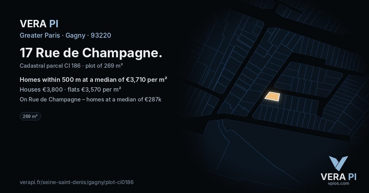 17 Rue de Champagne, Gagny at night – the plot lit, the parcels around coloured by the prices near them
