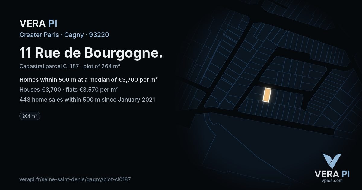 11 Rue de Bourgogne, Gagny at night – the plot lit, the parcels around coloured by the prices near them
