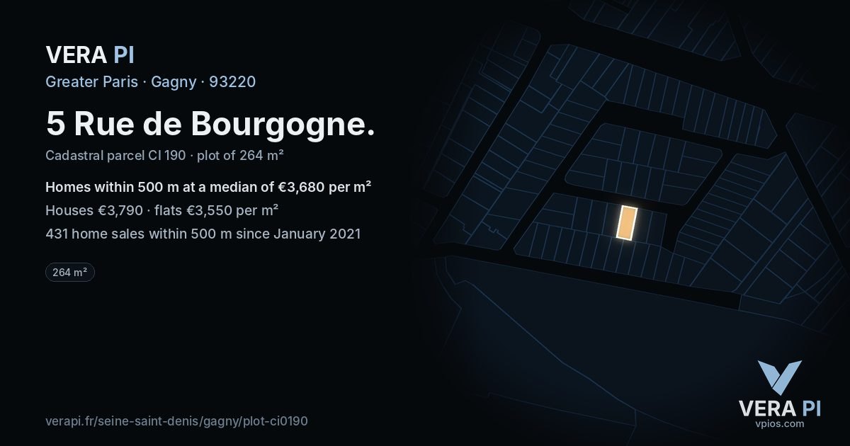 5 Rue de Bourgogne, Gagny at night – the plot lit, the parcels around coloured by the prices near them