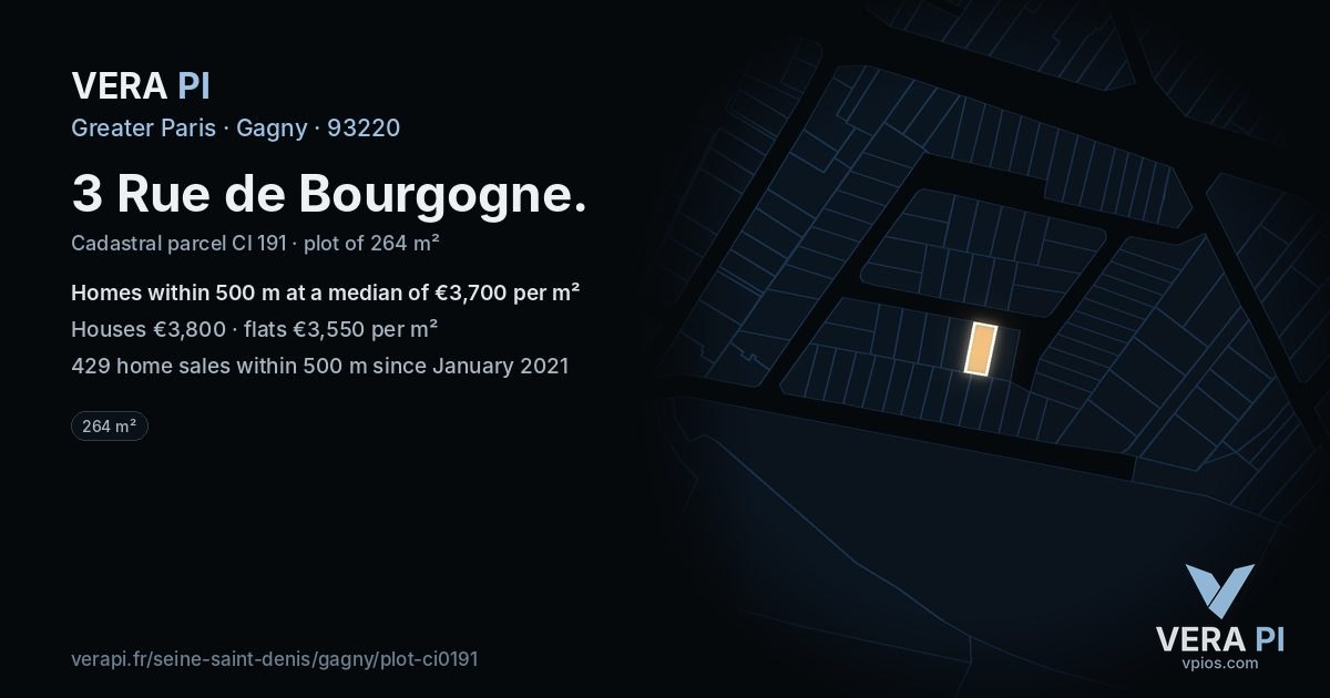 3 Rue de Bourgogne, Gagny at night – the plot lit, the parcels around coloured by the prices near them