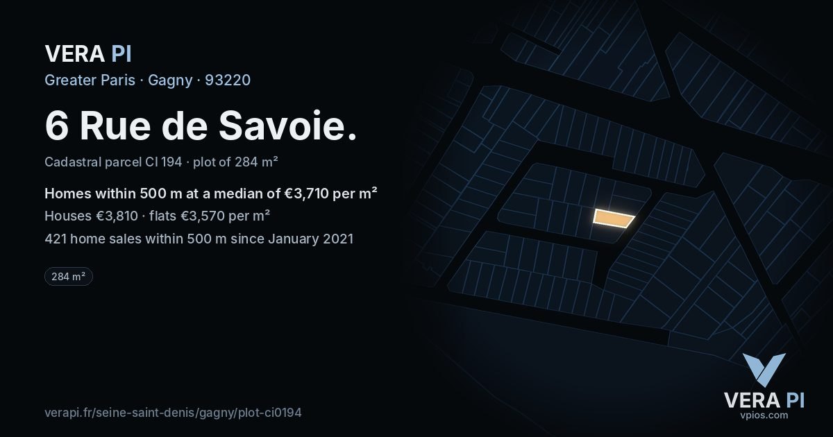 6 Rue de Savoie, Gagny at night – the plot lit, the parcels around coloured by the prices near them